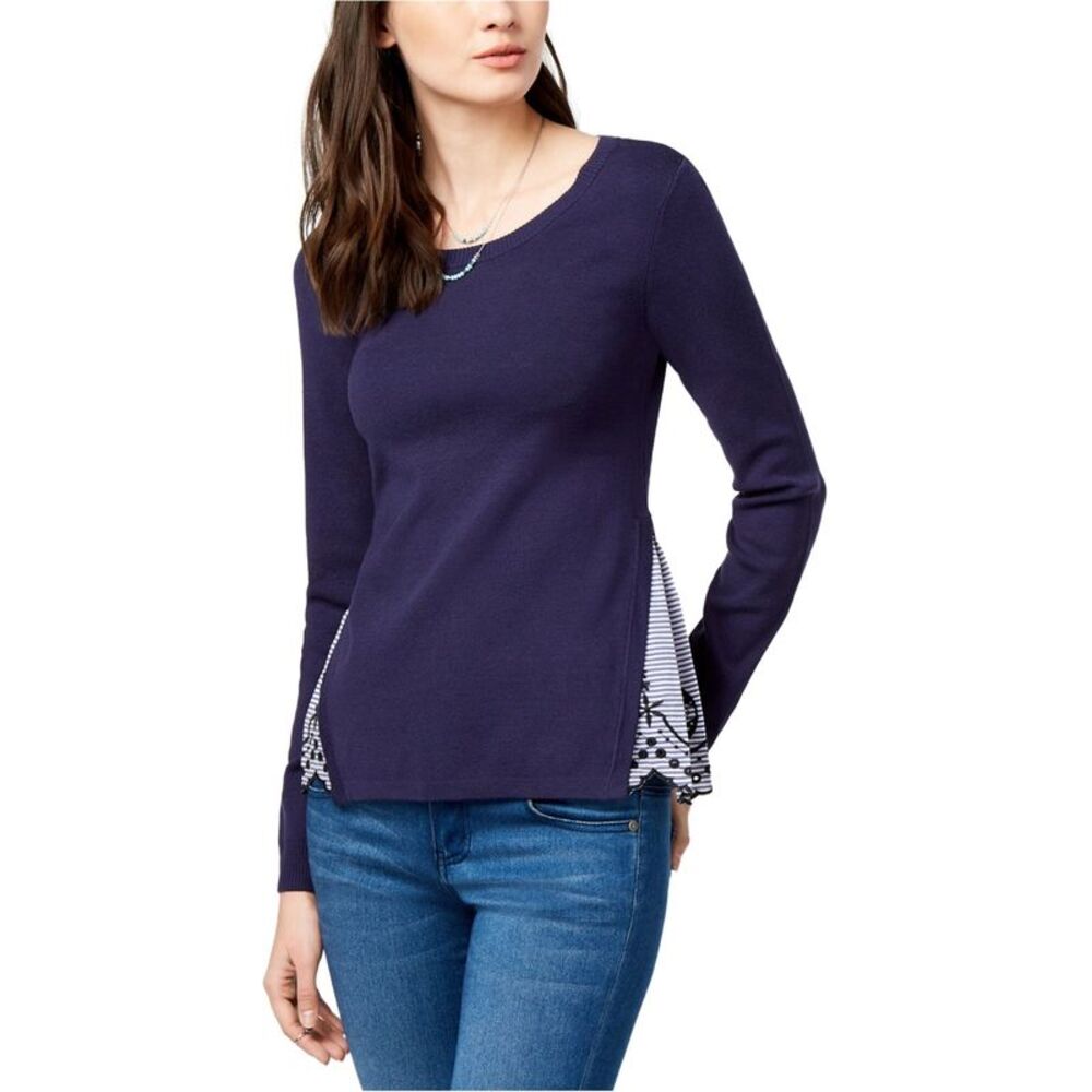 maison Jules Womens Layered-Look Eyelet Knit Sweater, Blue, XL, DM